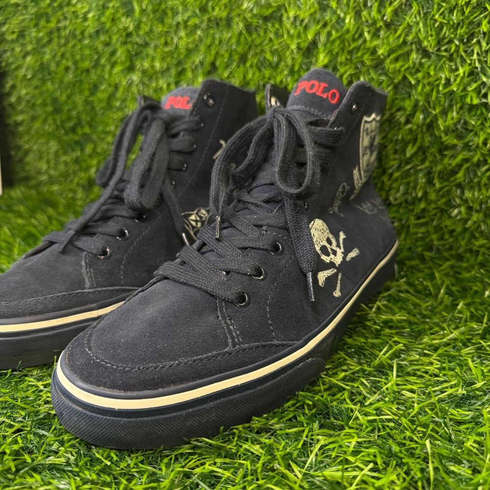 Polo Ralph Lauren Solomon Mens 9D High Top Black Suede Skull Crossbones Sneakers